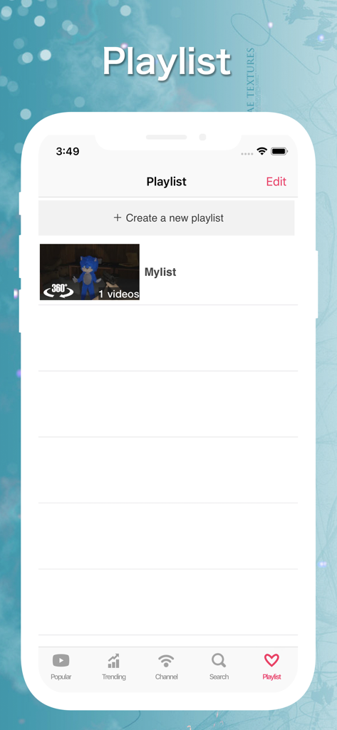 VR Tube: 360 & 3D Video - Una captura de pantalla de la pantalla de gestión de listas de reproducción en la aplicación VR Tube mostrando una lista existente con contenido de video de 360 grados.