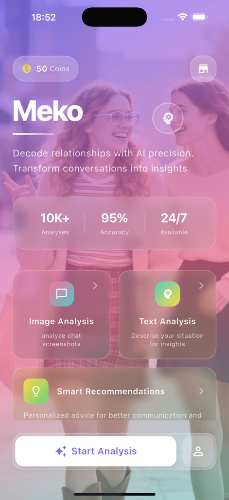 Meko app dashboard showing AI tools for image and text relationship analysis with social intelligence features