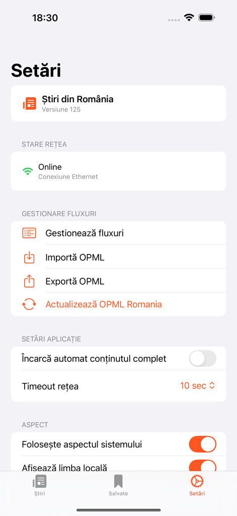 Settings screen of the Romanian News app featuring RSS feed management and OPML import export options.
