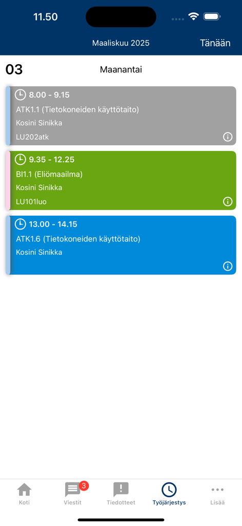 Wilma - Wilma app interface showing a daily school schedule with color-coded lesson blocks