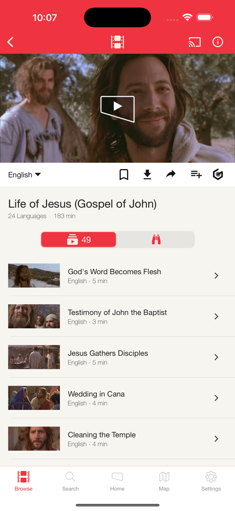 Jesus Film Project - Screen showing movie segments from the Life of Jesus in the Jesus Film Project app