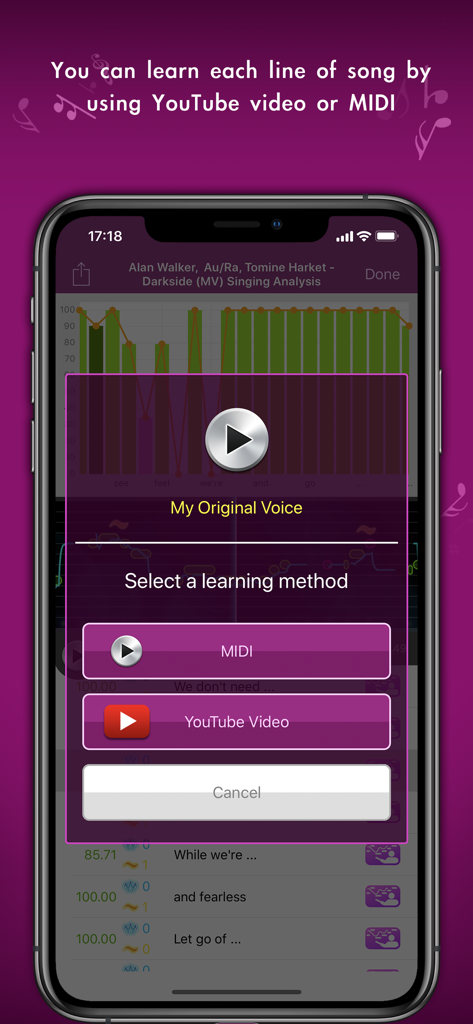 KaraDoReMi - Your Karaoke Pal - Pantalla de smartphone que muestra la aplicación KaraDoReMi con un menú emergente para seleccionar MIDI o video de YouTube para el aprendizaje de canciones
