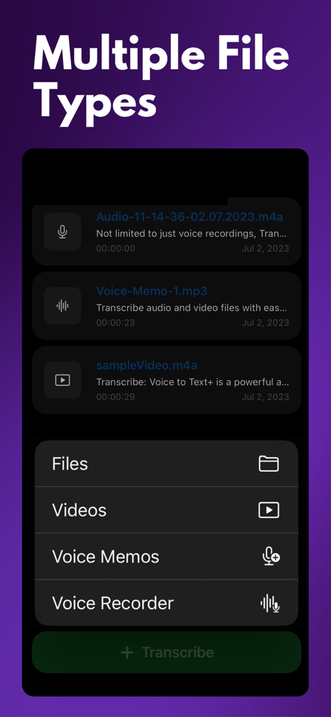 Transcribe: Voice to Text+ - A mobile interface showing transcription options for various file types including videos and voice memos