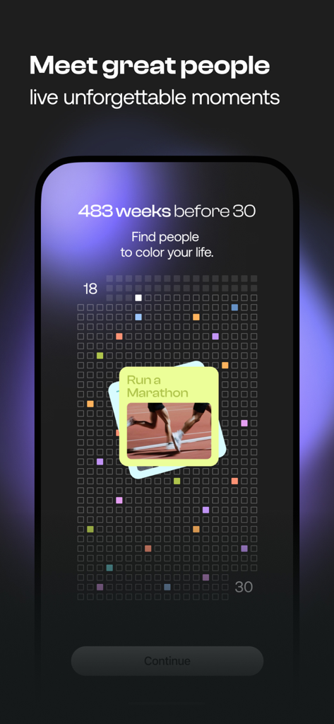 Feels Dating App: Chat & Date - 30세가 되기 전 남은 주를 나타내는 그리드가 있는 Feels 데이팅 앱 온보딩 화면을 보여주는 모바일 앱 인터페이스