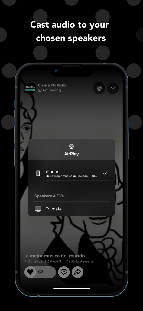 Mixlr - Social Live Audio - La aplicación Mixlr muestra el menú AirPlay para transmitir audio en vivo a altavoces externos.