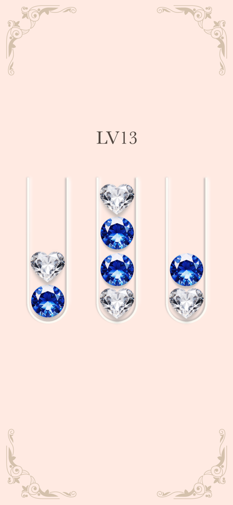 Block puzzle pro Gem for watch - Nível 13 de um quebra-cabeça de lógica de classificação de joias com joias azuis e em forma de coração em tubos de vidro