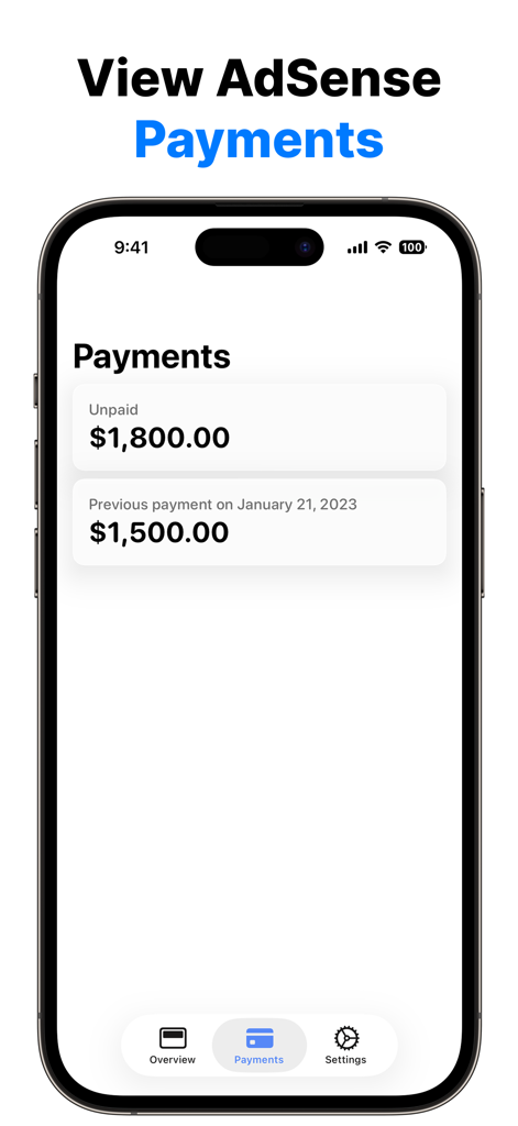 AdView App-Oberfläche zeigt nicht bezahlte und frühere AdSense- und AdMob-Zahlungen auf einem iPhone-Bildschirm