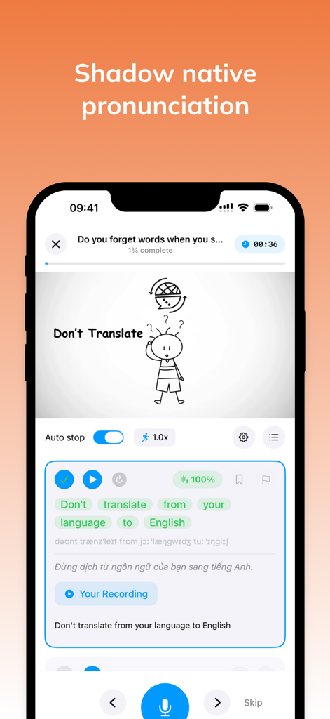 Parroto app interface for shadowing native English pronunciation with AI accuracy feedback