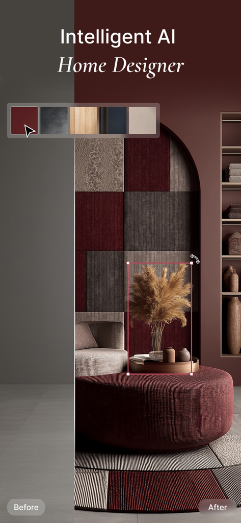 CozyAI - AI Home Design - Before and after comparison of a room interior redesigned using the CozyAI app interface.