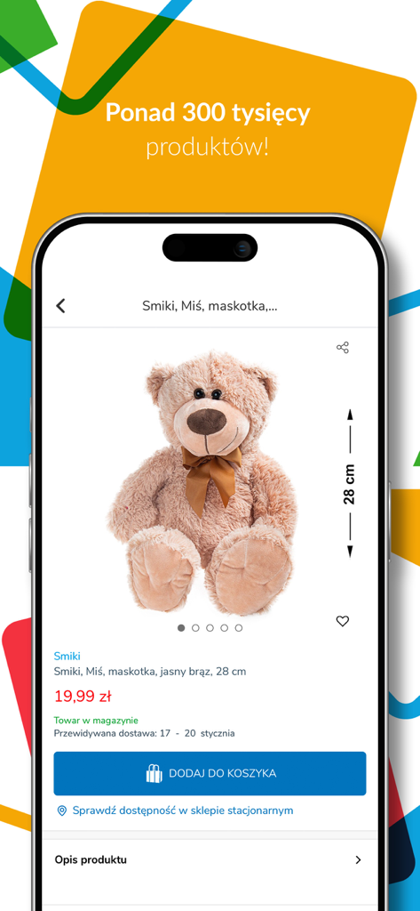 Page produit de l'application mobile SMYK présentant un ours en peluche Smiki brun clair avec le prix et le bouton "ajouter au panier"