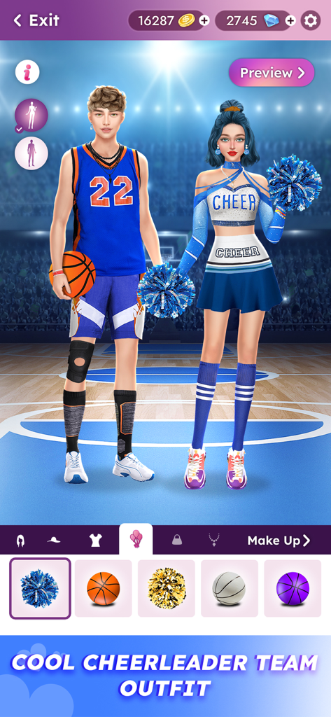 Teenager Fashion Dress Up Game - Chico adolescente con uniforme de baloncesto y chica con atuendo de animadora en un juego de vestir