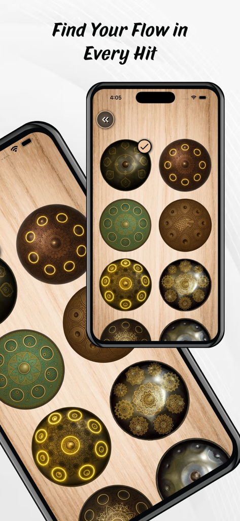 Una variedad de diseños decorativos de hang drum mostrados sobre un fondo de madera dentro de la aplicación móvil