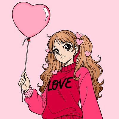 girl with no backround with a valentines day balloon in her hand holding it by the string. make her be facing the side but looking at the camera. have her have a cute valentines day sweater on. make her waist and up be showing. make her have cute pigtails with long hair. with cute hearts in her hair. make her hair be white. make her sweater just say the word love in cursive. nothing else on the sweater. make her hair be long and wavy