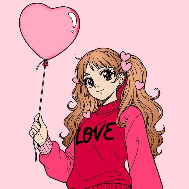 girl with no backround with a valentines day balloon in her hand holding it by the string. make her be facing the side but looking at the camera. have her have a cute valentines day sweater on. make her waist and up be showing. make her have cute pigtails with long hair. with cute hearts in her hair. make her hair be white. make her sweater just say the word love in cursive. nothing else on the sweater. make her hair be long and wavy