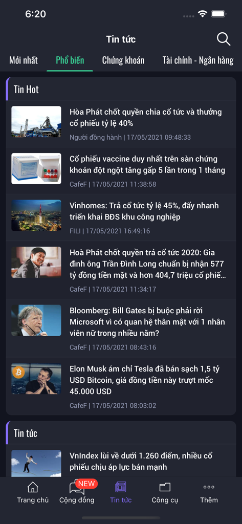 Fialda - Chứng khoán, Bảng giá - Screenshot of the Fialda app news feed displaying popular financial and stock market news in Vietnamese.