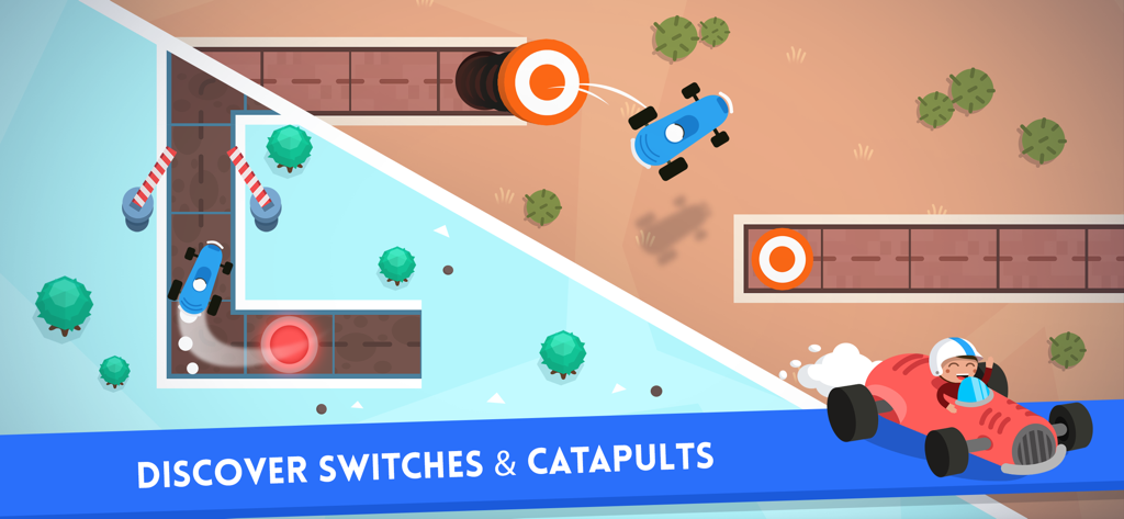 Code Karts - School Edition - A split-screen view of the Code Karts game showing racing-themed logic puzzles with switches and catapults.