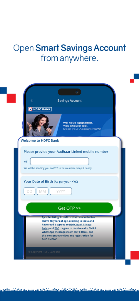 HDFC Bank MobileBanking app screen for opening a Smart Savings Account online