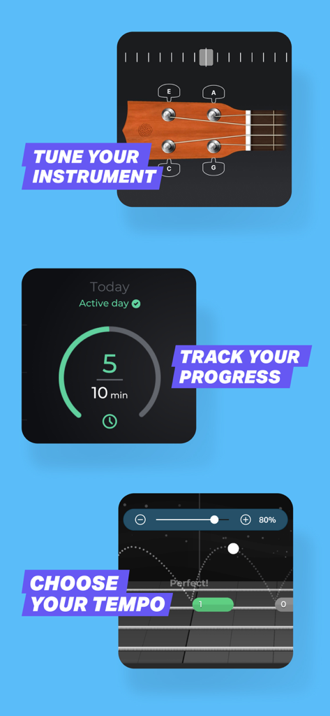 Ukulele by Yousician - Screenshot of Ukulele by Yousician app showing the instrument tuner, daily progress tracker, and adjustable tempo settings for learning songs.