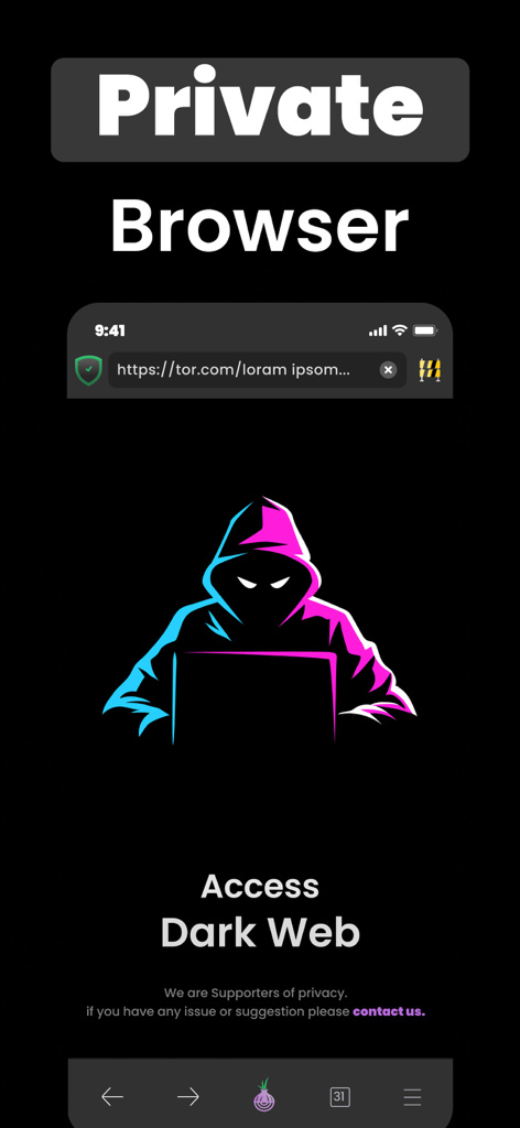 Onion TOR Browser: VPN+AdBlock - Interface do aplicativo Navegador Onion TOR mostrando navegador privado e recursos de acesso à dark web