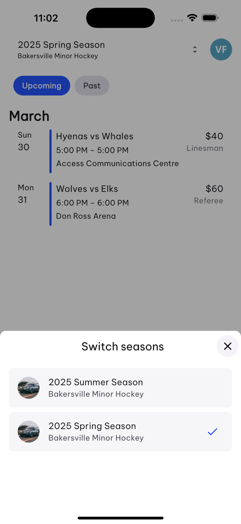 TeamLinkt Officials - The TeamLinkt Officials mobile app displaying an upcoming hockey officiating schedule with a season switch menu open at the bottom.