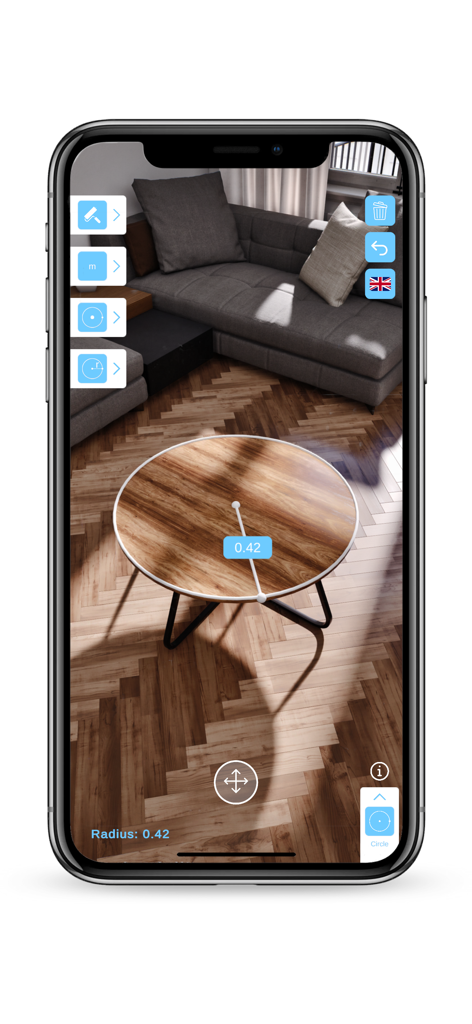 AR Measure Lidar app measuring a round table radius in a living room