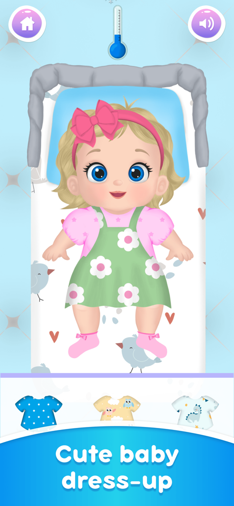 Una linda niña bebé en un juego de simulación de vestimenta para guardería