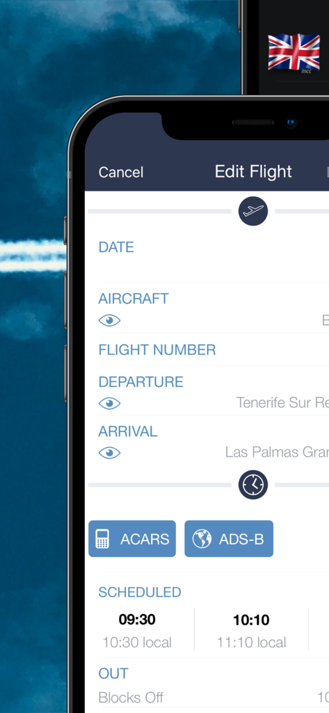 Mobile interface of PILOTLOG app showing flight data entry fields like aircraft and departure information