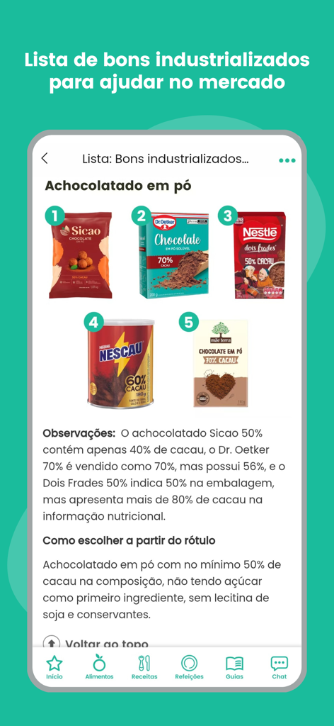 Garfinho app guide comparing healthy chocolate powder brands for children
