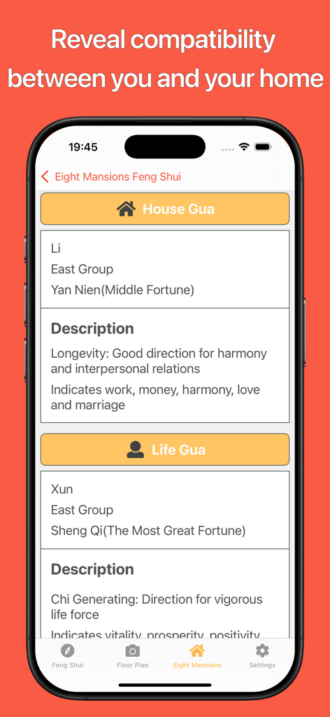 Mobile app screen showing Eight Mansions Feng Shui compatibility analysis for House Gua and Life Gua.