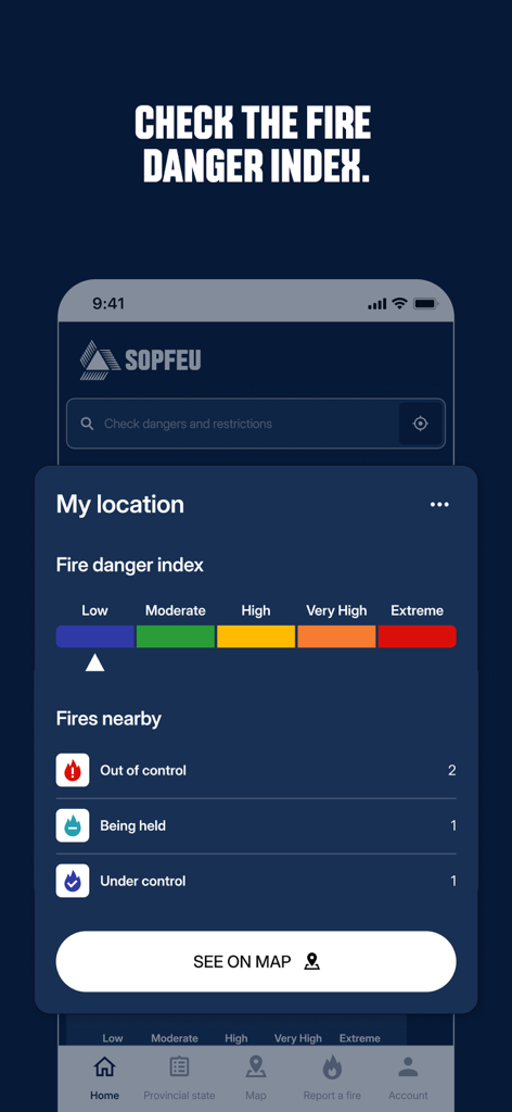 La SOPFEU app interface showing the current fire danger index and statuses of nearby forest fires