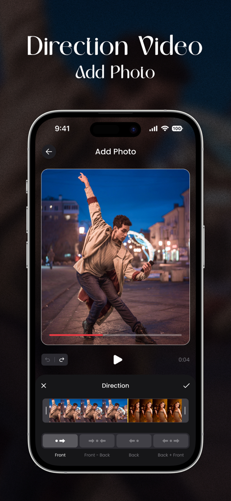 Stop Motion Video Maker Studio - Mobile App-Oberfläche, die Videosteuerungen für die Richtung und eine Vorschau eines Tänzers für ein Stop-Motion-Projekt anzeigt.