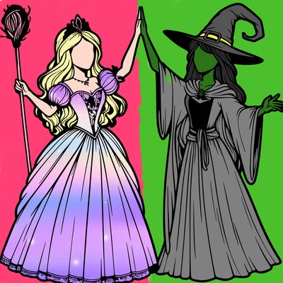detailed realistic split of a princess and a witch