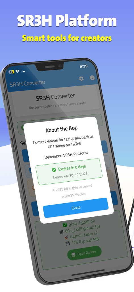 SR3H Video Converter - Interfaz de la aplicación SR3H Video Converter mostrando una ventana emergente informativa sobre la conversión de videos a 60 FPS para TikTok.