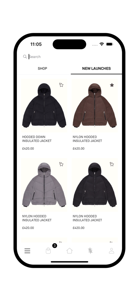 Cole Buxton - Interfaccia dell'app mobile Cole Buxton che mostra una collezione di giacche imbottite con cappuccio in nylon nella sezione nuovi lanci.
