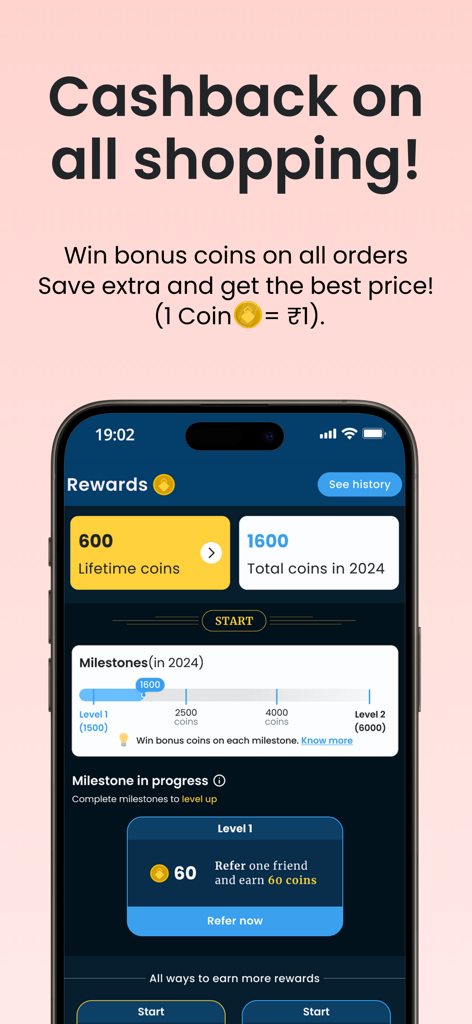 benny: AI fashion search - Rewards dashboard for benny AI fashion search app showing lifetime coins and shopping milestones.