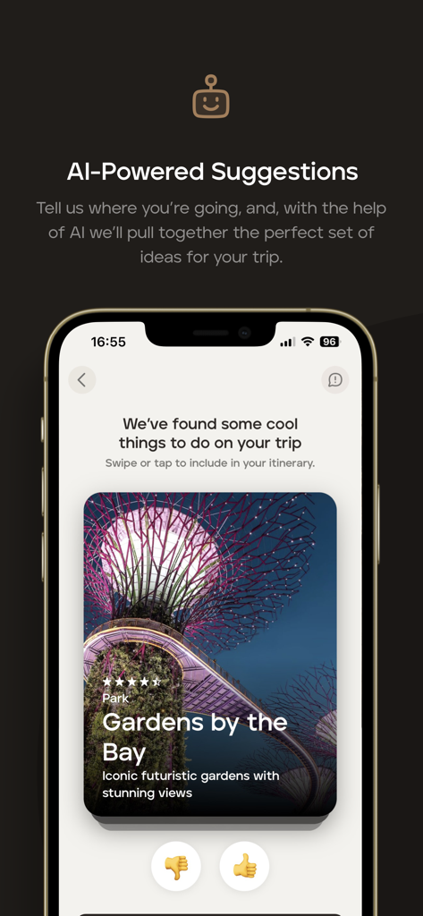 Pantalla de la aplicación TripMapper que muestra recomendaciones de viaje impulsadas por IA con una tarjeta para Gardens by the Bay