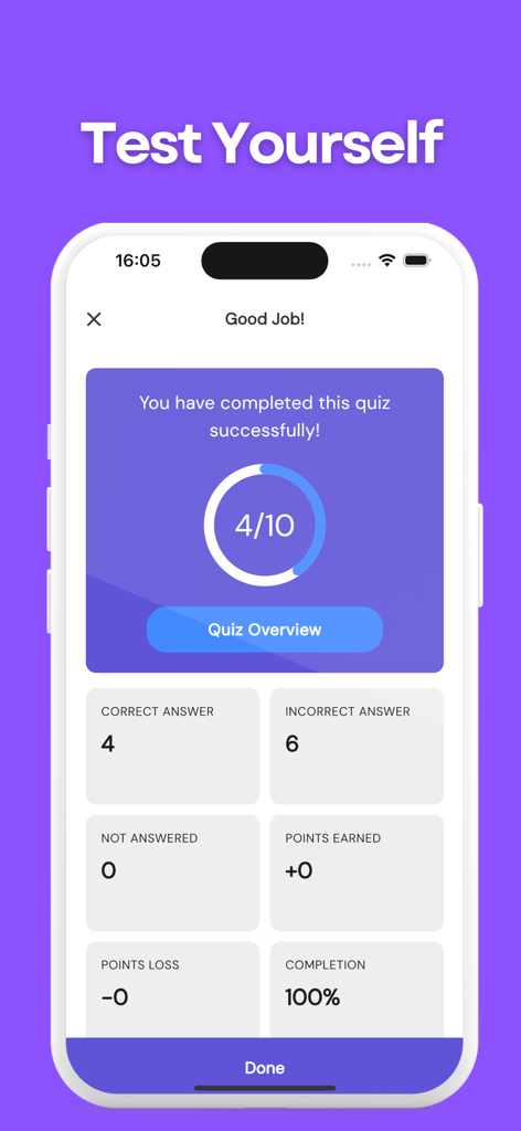 Dental Mastery app quiz results screen showing score and performance statistics for dental board exam preparation