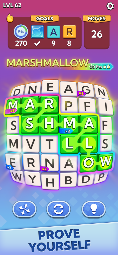 Word Blast - Connect & Solve - Word Blast gameplay screen showing letters connected to spell marshmallow in a word search puzzle