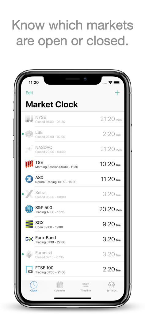 Market Clock - Market Clock app interface showing current trading hours and statuses for global financial markets on an iPhone