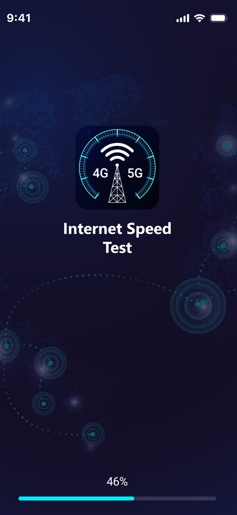 Der Startbildschirm der Internet Speed Test App mit einer Ladeleiste und einem Sendemast-Symbol mit 4G- und 5G-Anzeigen.