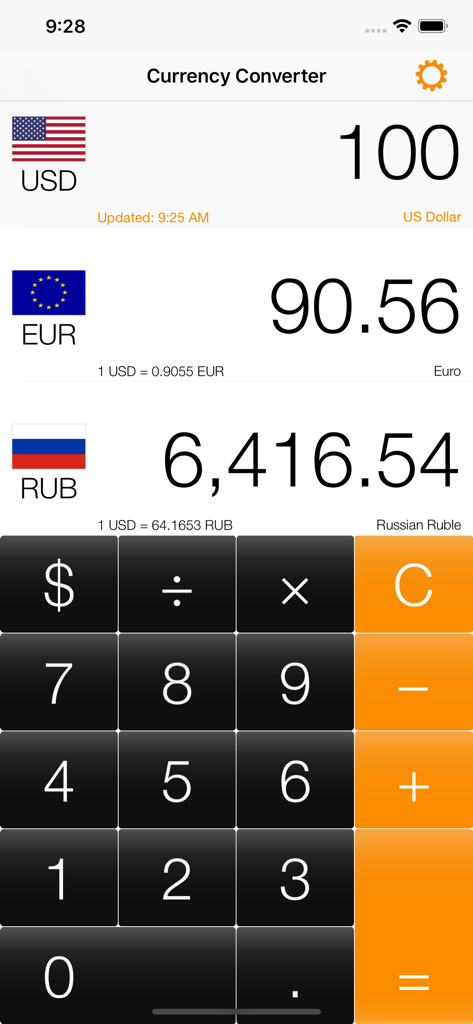 Currency converter: Exchange - Interface of the Currency converter app showing USD to EUR and RUB exchange rates with a calculator keypad