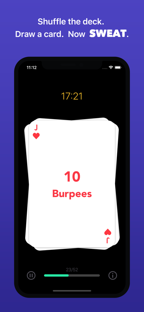 Sweat Deck app interface showing an exercise card for 10 burpees with a workout timer.