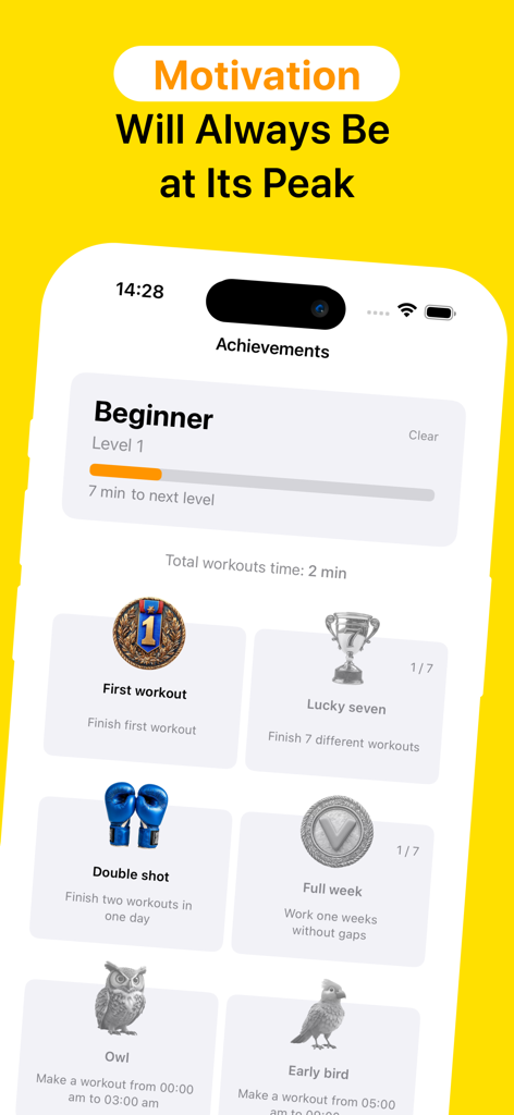 Achievements screen in the Posture Beautiful Back app showing reward badges and progress levels