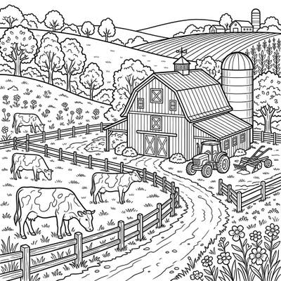 Unwind with this charming coloring page featuring a peaceful dairy barn and grazing cows. Capture the serene essence of a farm weekend as you bring this pastoral scene to life.