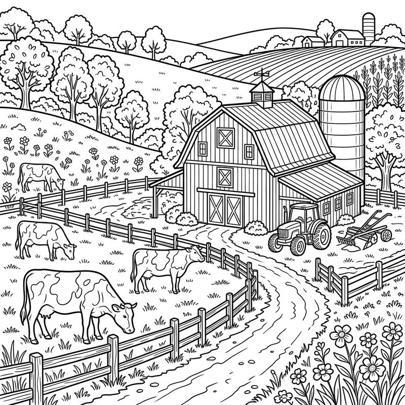 Unwind with this charming coloring page featuring a peaceful dairy barn and grazing cows. Capture the serene essence of a farm weekend as you bring this pastoral scene to life.