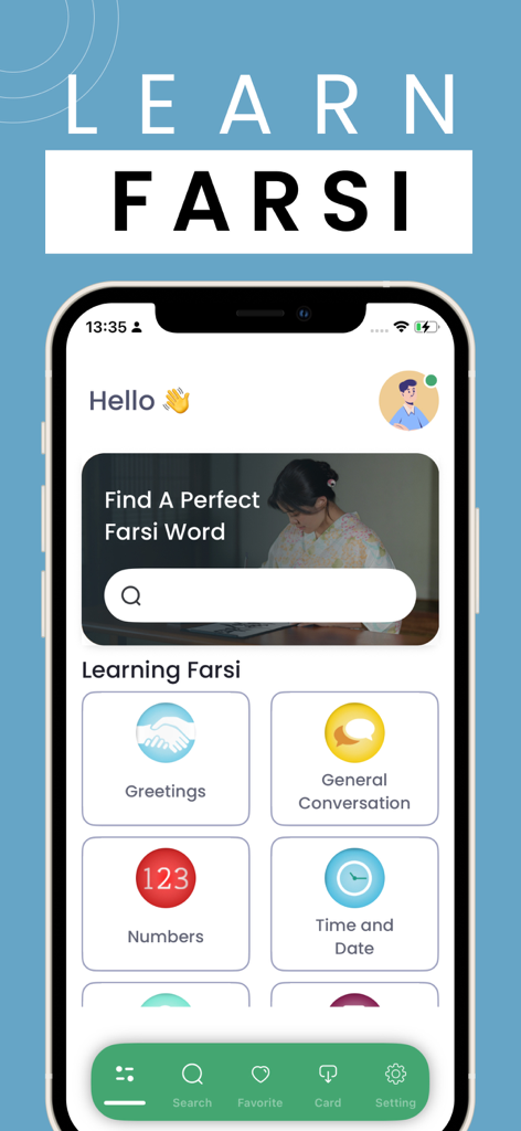 「挨拶」や「数字」などのフレーズカテゴリを表示している「ペルシャ語を学ぼう」アプリのホーム画面