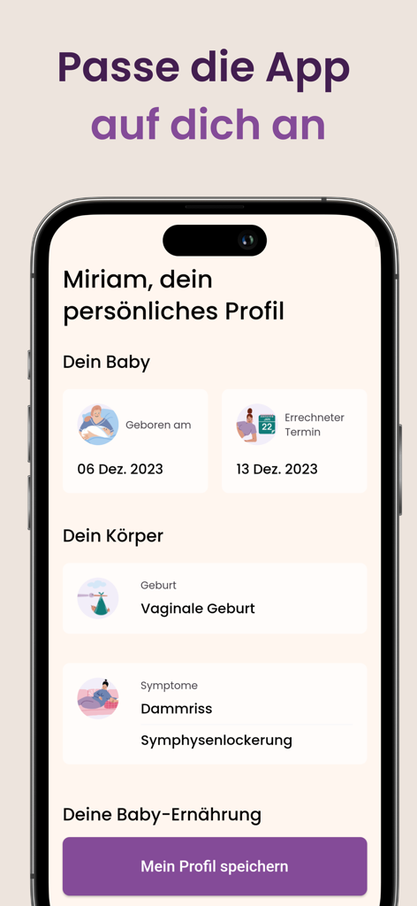Personal profile screen in the Keleya Mama app showing options to customize postnatal recovery and baby details