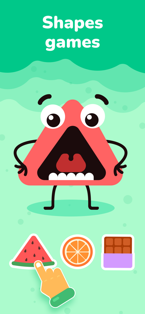 Interactive shapes sorting game for toddlers featuring a cute triangle character and matching food items