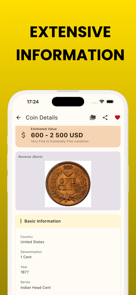 Coin identifier: CoinDetect - App-Oberfläche, die Wert und Details für einen seltenen 1877er Indian Head Cent anzeigt.