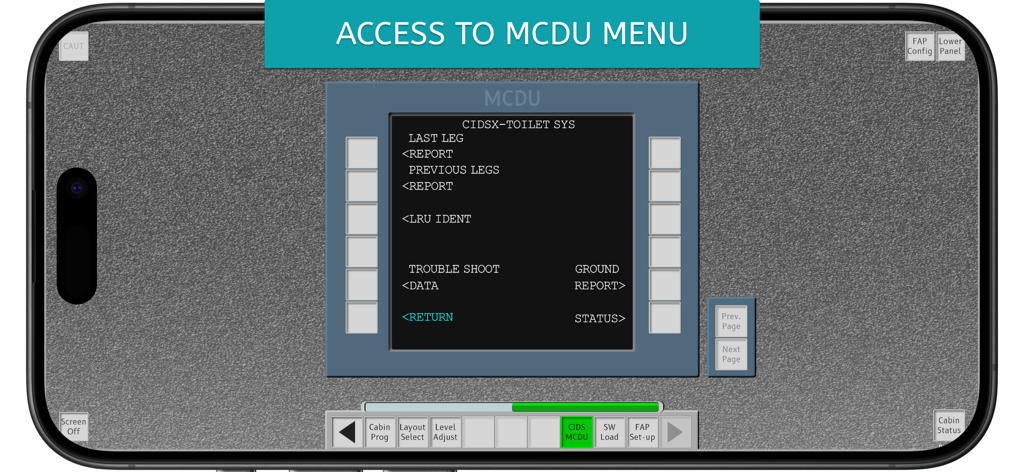 A320 FAP Simulator - Interfaz del Simulador A320 FAP mostrando el menú MCDU para la solución de problemas de mantenimiento de aeronaves.